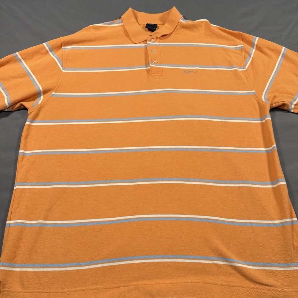 Vintage Karl Kani Gold Mens 3XL Striped Polo‎ Orange Blue White SS Shirt